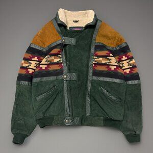 VTG Cripple Creek Jacket Mens XL Green Leather Suede Sherpa Coat Aztec 25x28.5